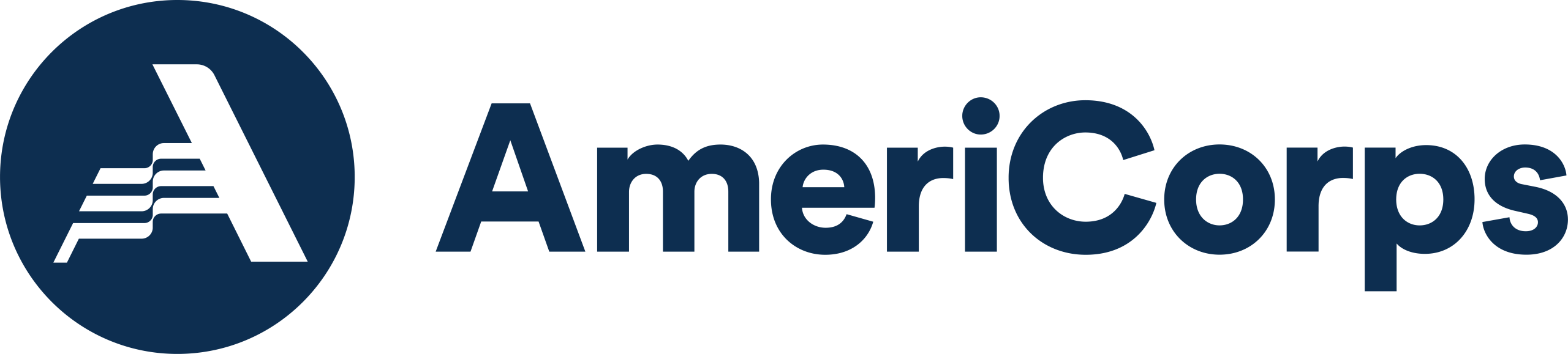 AmeriCorps logo with a large white letter A and three flag-like stripes inside a dark blue circle, next to the word AmeriCorps in bold dark blue text, symbolizing educational empowerment on a white background.