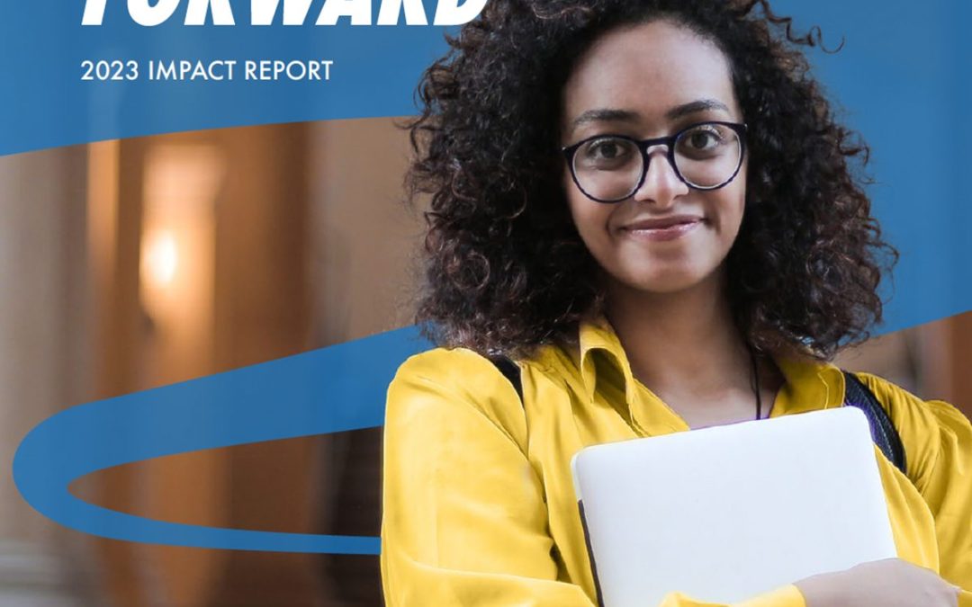 A young woman with curly hair and glasses, wearing a yellow shirt and holding a closed laptop, stands confidently—embodying educational empowerment. Text reads “The Path Forward: 2023 Impact Report.” Breakthrough Collaborative logo appears at the bottom.