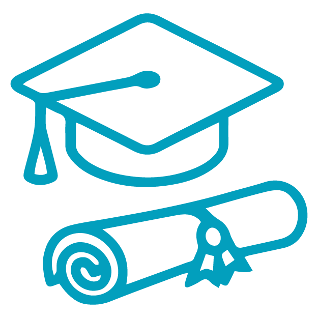 Blue outline icon of a graduation cap with a tassel and a rolled-up diploma tied with a ribbon, symbolizing academic achievement, opportunity, and educational empowerment.