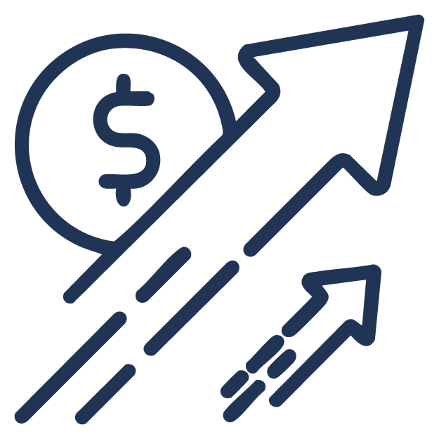 Icon of a dollar sign with two upward-pointing arrows, symbolizing financial growth or increasing profits and educational empowerment. The image uses bold, navy blue lines on a white background.