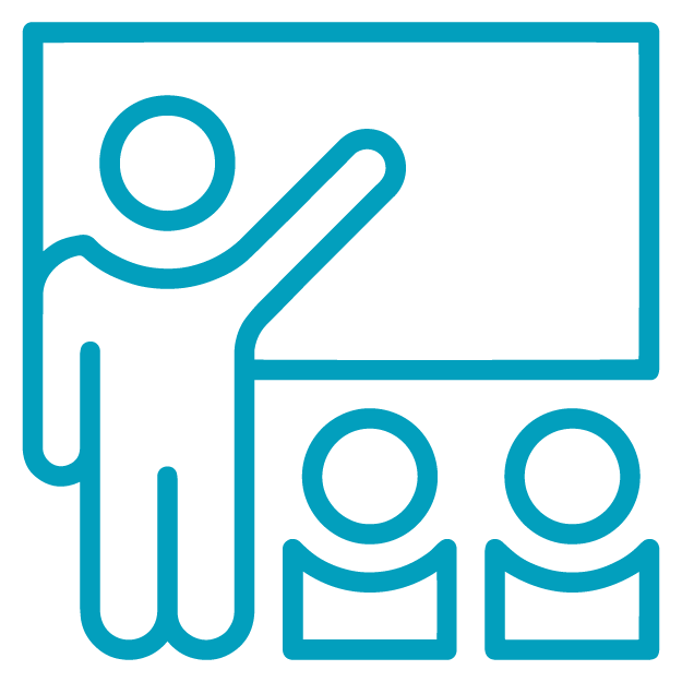 Blue line icon of a person standing and pointing at a board, with two seated figures in front, representing educational empowerment as a teacher gives a lesson to students.