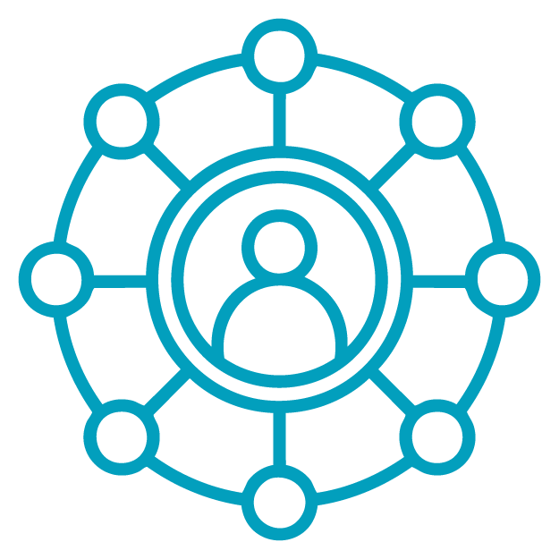A teal line icon of a person in a circle, surrounded by connected circles, symbolizing social connections or a network for educational enrichment.