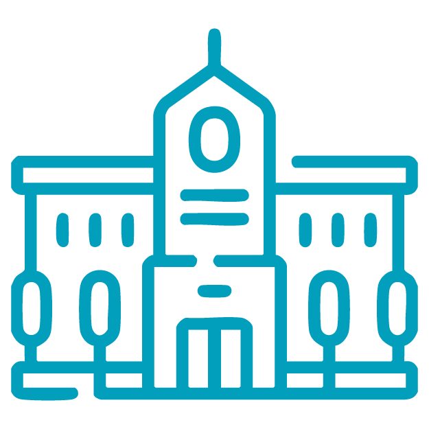 Simple blue outline icon of a large building with a central clock tower, arched entrance, multiple windows, and two trees in front, symbolizing opportunity and educational enrichment at a school or institutional building.