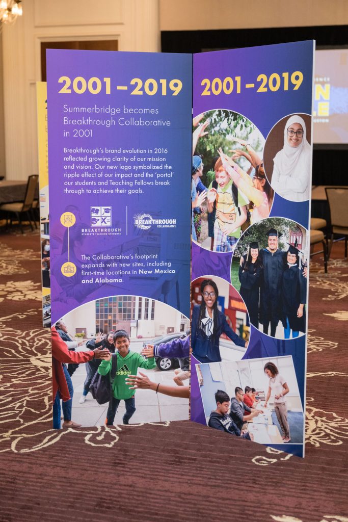 A colorful display board titled 2001–2019 highlights the evolution of Summerbridge into Breakthrough Collaborative, featuring text, logos, and photos of diverse students and teachers embracing educational empowerment through engaging activities.