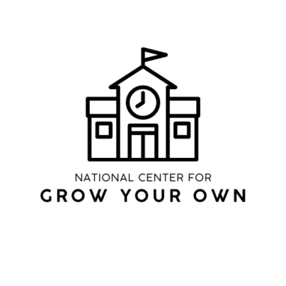 NCFGYO-resized A simple black and white line drawing of a school building with a clock and flag, above the text National Center for Grow Your Own, symbolizing educational empowerment.