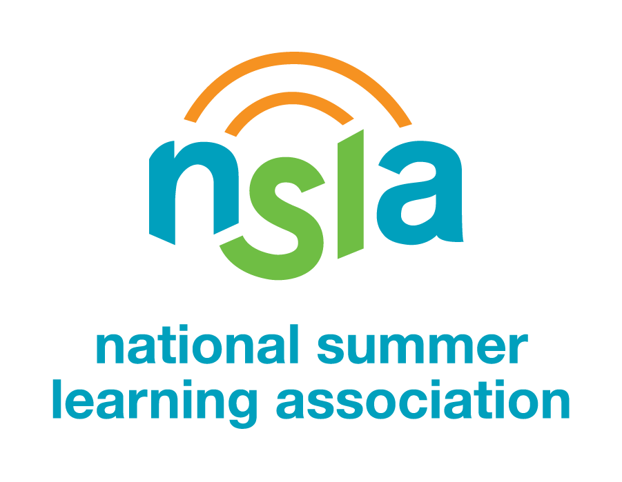 NSLA Logo of the National Summer Learning Association, with nsla in bold blue and green letters, orange curved lines above, and national summer learning association written below—symbolizing opportunity and educational enrichment.