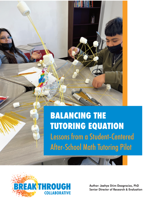 Two students at a table build geometric shapes with marshmallows and sticks during an educational empowerment math activity. A report title about after-school math tutoring overlays the image.