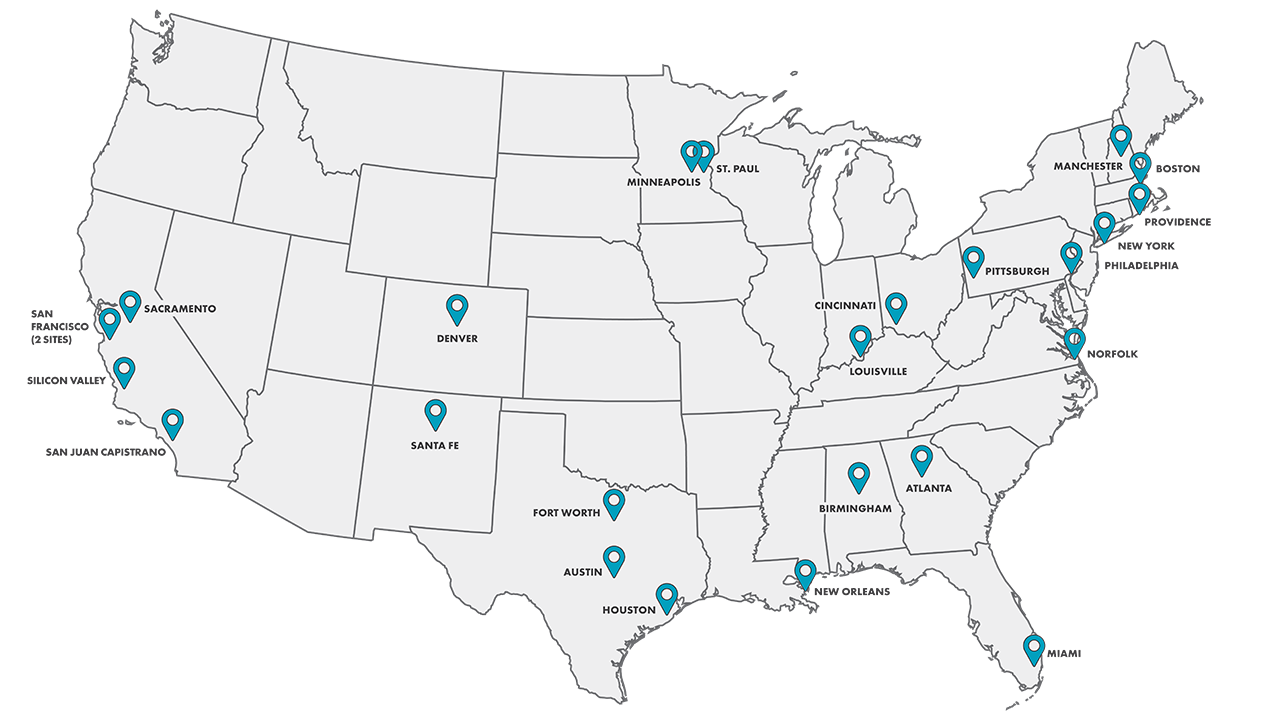 A map of the United States with blue location markers indicating specific cities across the country, including in California, Texas, Georgia, and more—highlighting hubs of educational empowerment. No other details are shown.