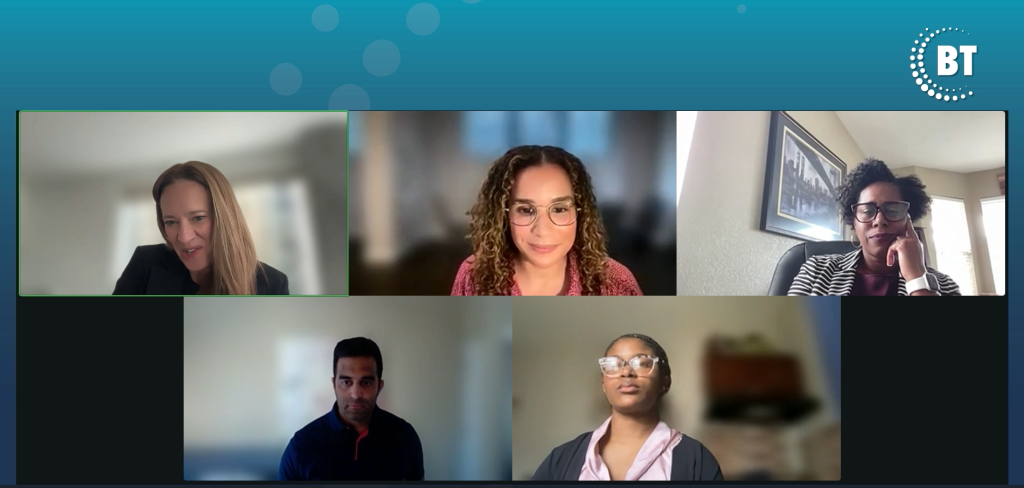 Screenshot of a virtual meeting with five people, each in their own video window. The background is blue with BT in the top right corner. Four women and one man appear, all looking at their screens.