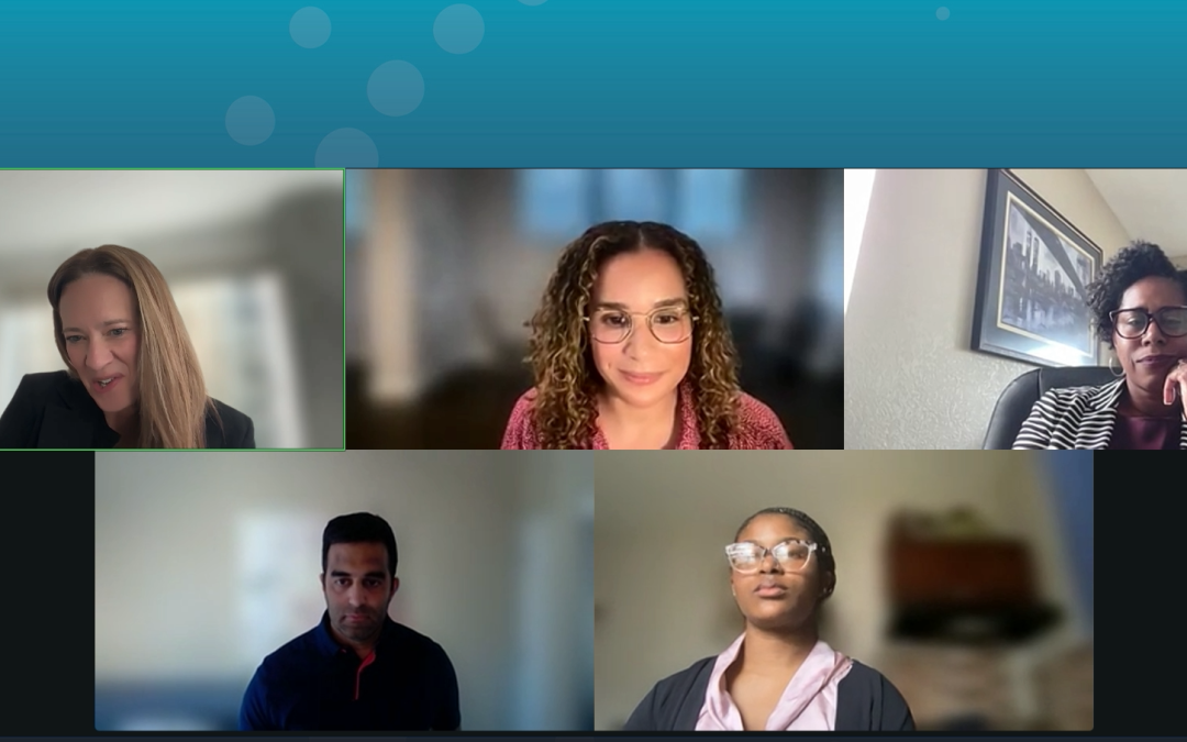 Screenshot of a virtual meeting with five people, each in their own video window. The background is blue with BT in the top right corner. Four women and one man appear, all looking at their screens.